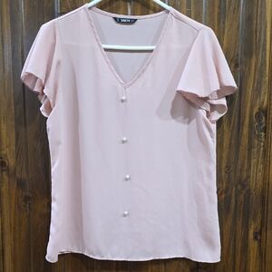 SHEIN Blush V-Neck Ruffle Sleeve Blouse